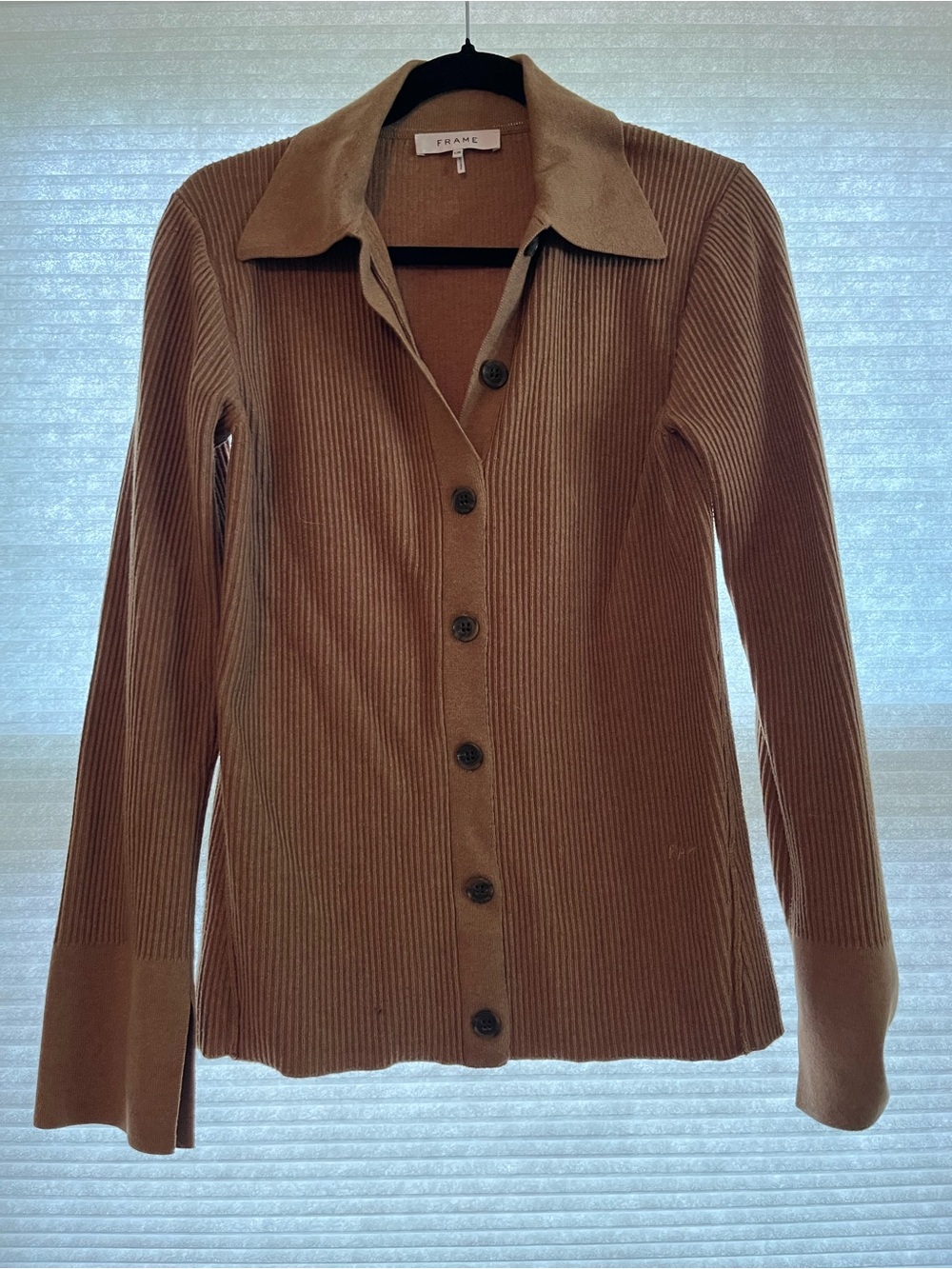 Frame Denim Brown Ribbed Button-Front Polo Cardigan Shirt